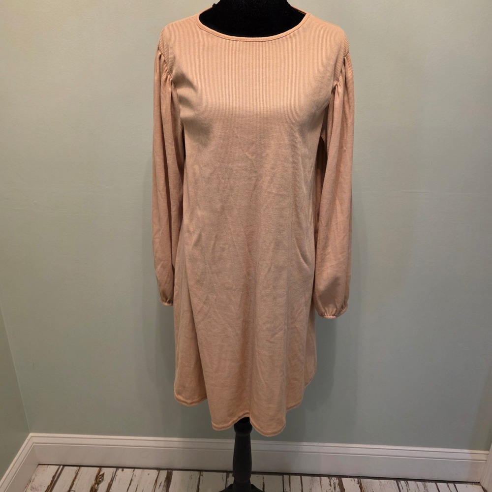 Boohoo Womens Peach Ribbed Puff Sleeve Mini Shift Dress Size 12 US 14 UK